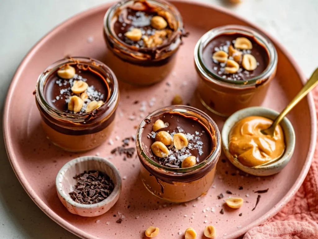 jars of peanut butter cup protein pudding topped with chocolate ganache and peanuts on a tray