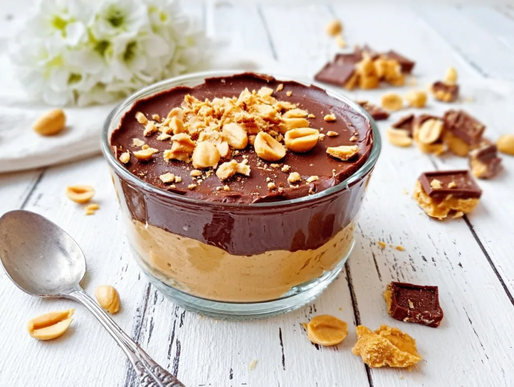 peanut butter cup protein pudding topped with chocolate layer and peanuts in a glass bowl