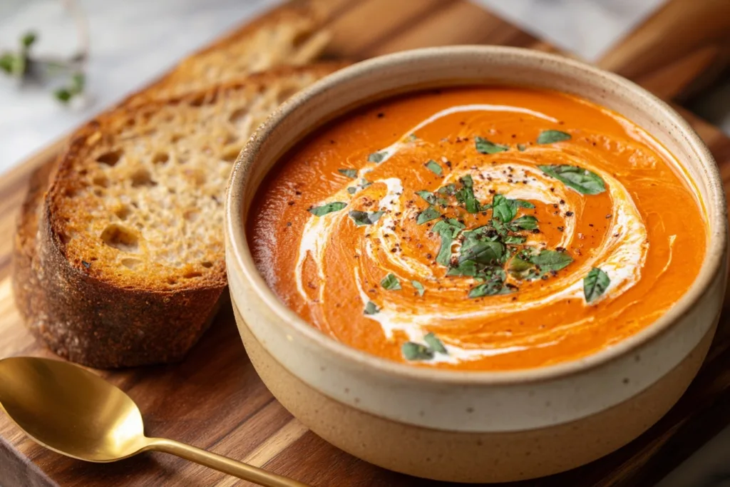 Creamy high-protein tomato soup with basil and toast on wooden board