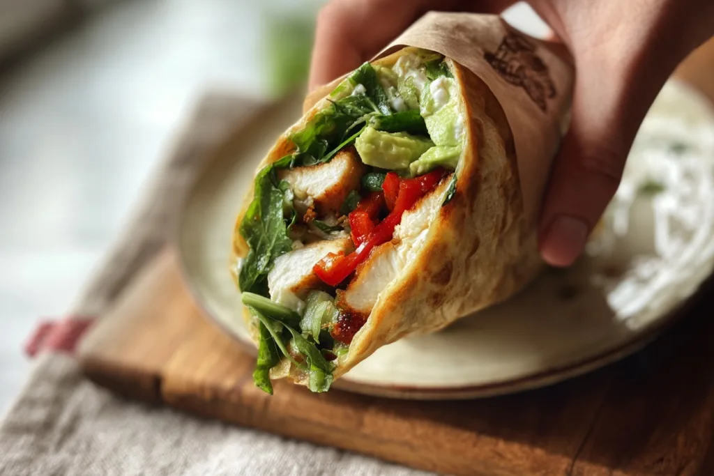 Hand holding a high-protein cottage cheese wrap with chicken and vegetables