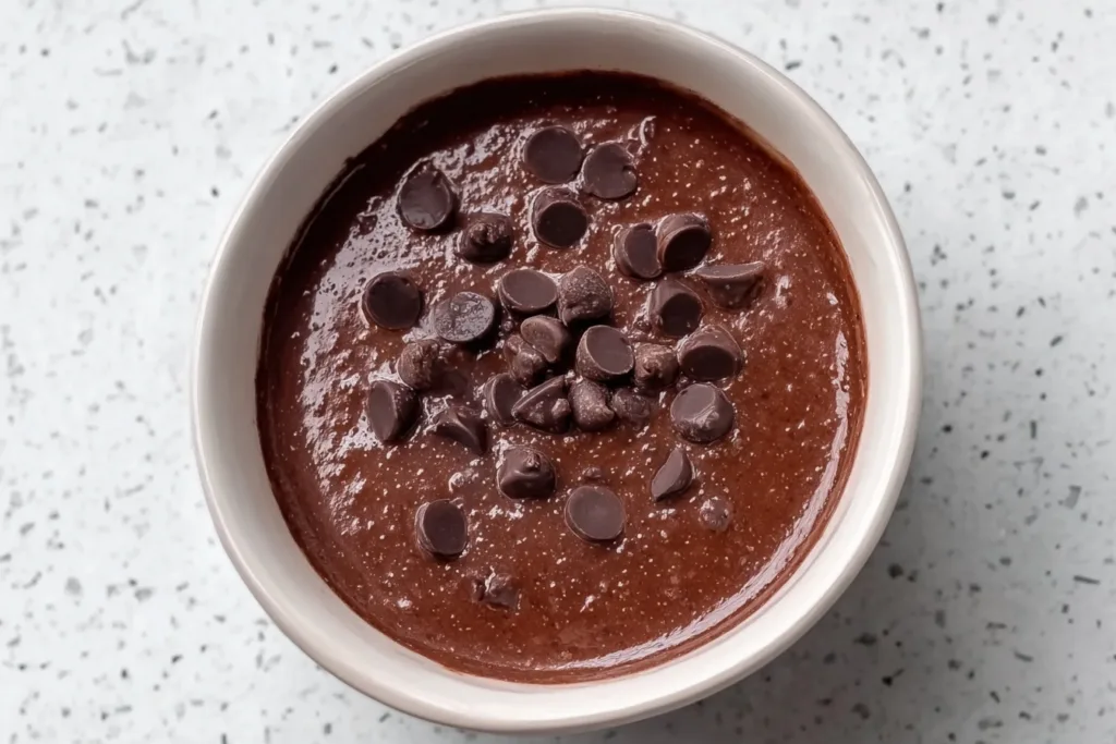 chocolate protein mug cake batter topped with chocolate chips