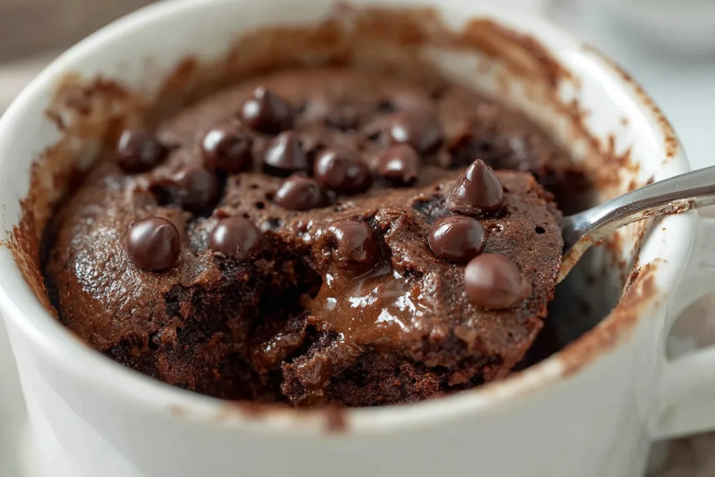 gooey chocolate protein mug cake with melted chips and spoon in white ramekin