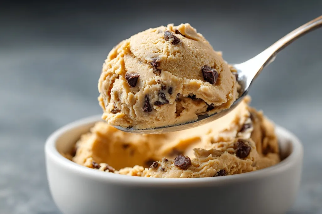 2-Ingredient Almond Chickpea Cookie Dough (High-Protein & No Bake) 8 spoon scooping almond chickpea cookie dough with chocolate chips