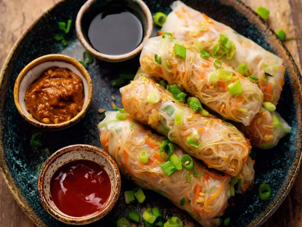 spicy noodle rice paper rolls with three dipping sauces and green onions