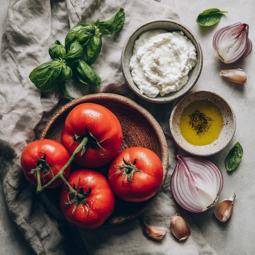 Flat lay of fresh ingredients for high-protein tomato soup