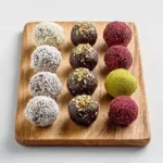 High-Protein Brownie Balls — No-Bake, Low Sugar 9 assorted high-protein brownie balls with coconut, nuts, matcha, and raspberry toppings on wooden board