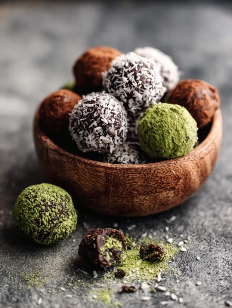 High-Protein Brownie Balls — No-Bake, Low Sugar 8 assorted high-protein brownie balls with coconut, matcha, and cocoa coatings in wooden bowl