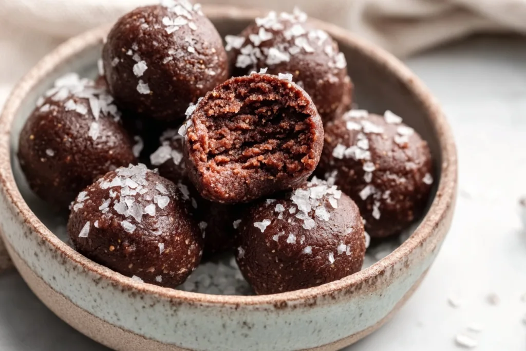 Salted Chocolate Protein Balls Recipe 8 Salted chocolate protein balls recipe with sea salt topping