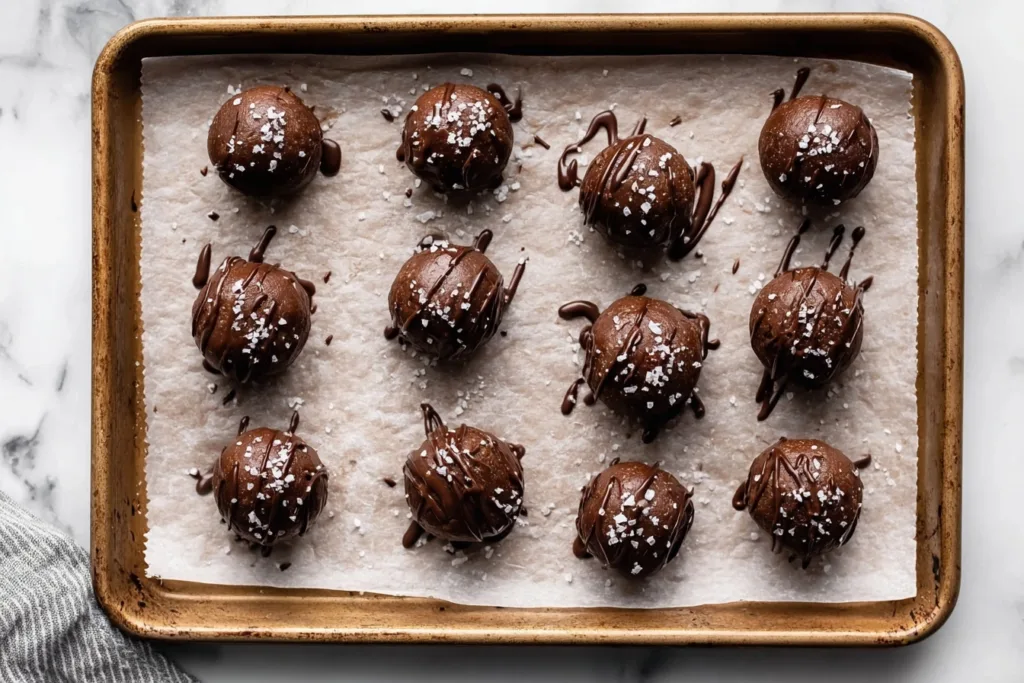 Salted Chocolate Protein Balls Recipe 12 Salted chocolate protein balls coated in dark chocolate on baking tray