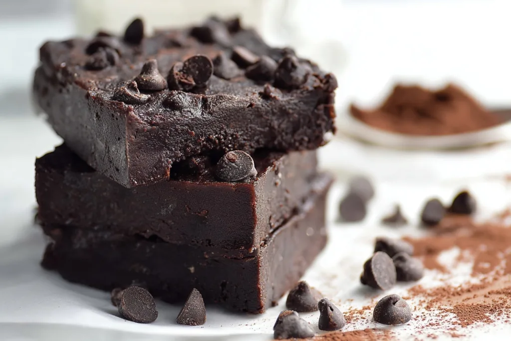 2-Ingredient Black Bean Protein Bars (No Bake, High Protein Snack) 6 stacked chocolate black bean protein bars with chocolate chips