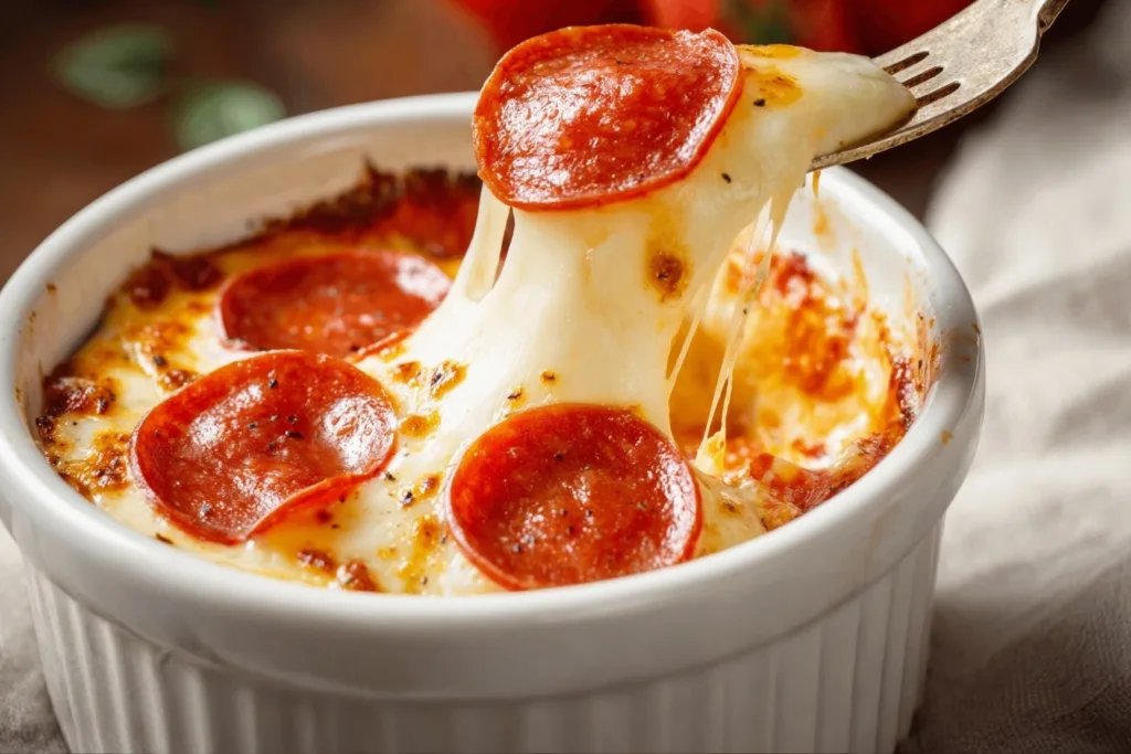 2-Ingredient Cottage Cheese Pizza Bowl (High-Protein, 5-Minute Lunch!) 13 fork lifting melted cheese from cottage cheese pizza bowl with pepperoni