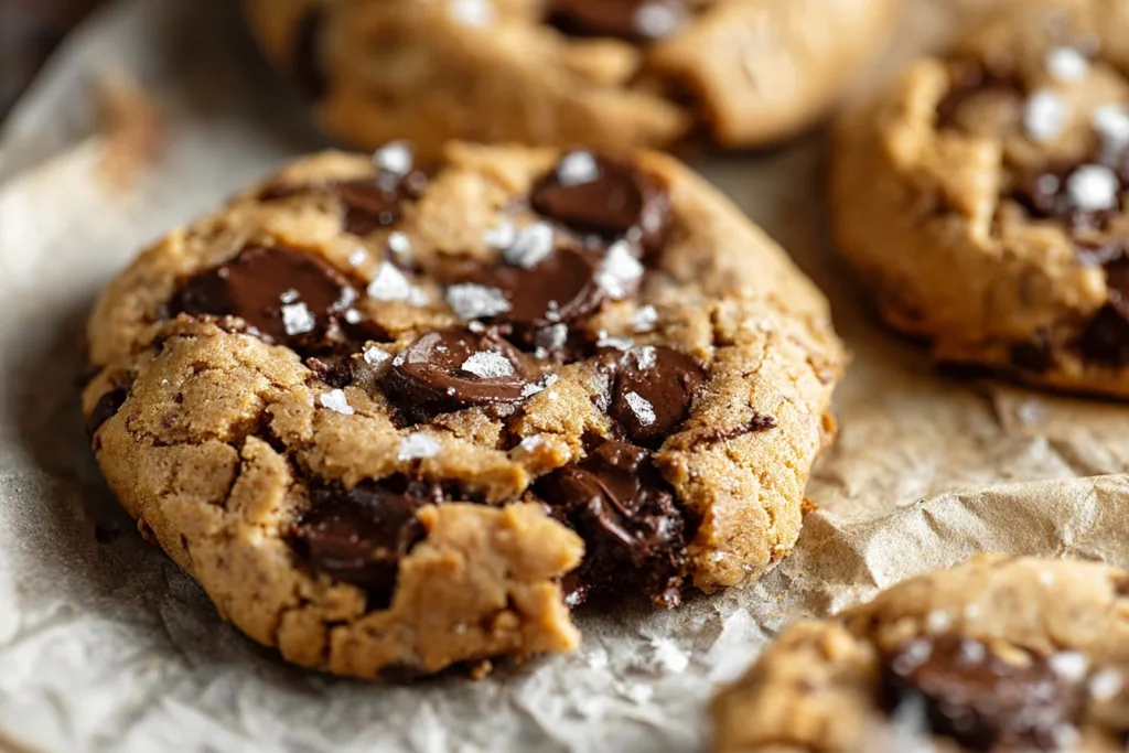Flourless Garbanzo Bean Chocolate Chip Cookies (High-Protein & Guilt-Free!) 9 close-up of garbanzo bean chocolate chip cookie with melted chocolate and sea salt