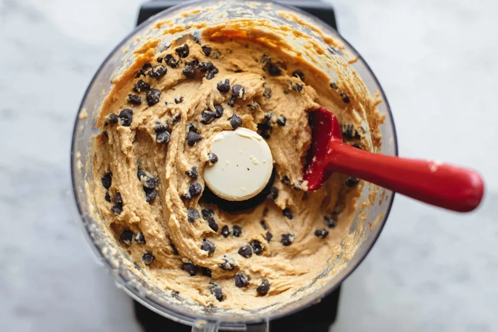 Flourless Garbanzo Bean Chocolate Chip Cookies (High-Protein & Guilt-Free!) 11 food processor with blended garbanzo bean chocolate chip cookie dough and spatula