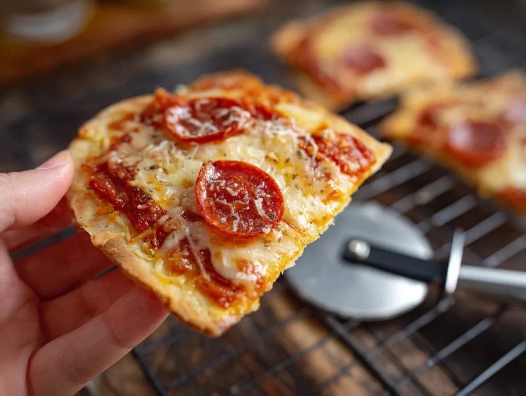 2-Ingredient Cottage Cheese Flatbread (Air Fryer Friendly & High Protein) 10 hand holding simple cottage cheese flatbread air fryer pizza slice with melted cheese