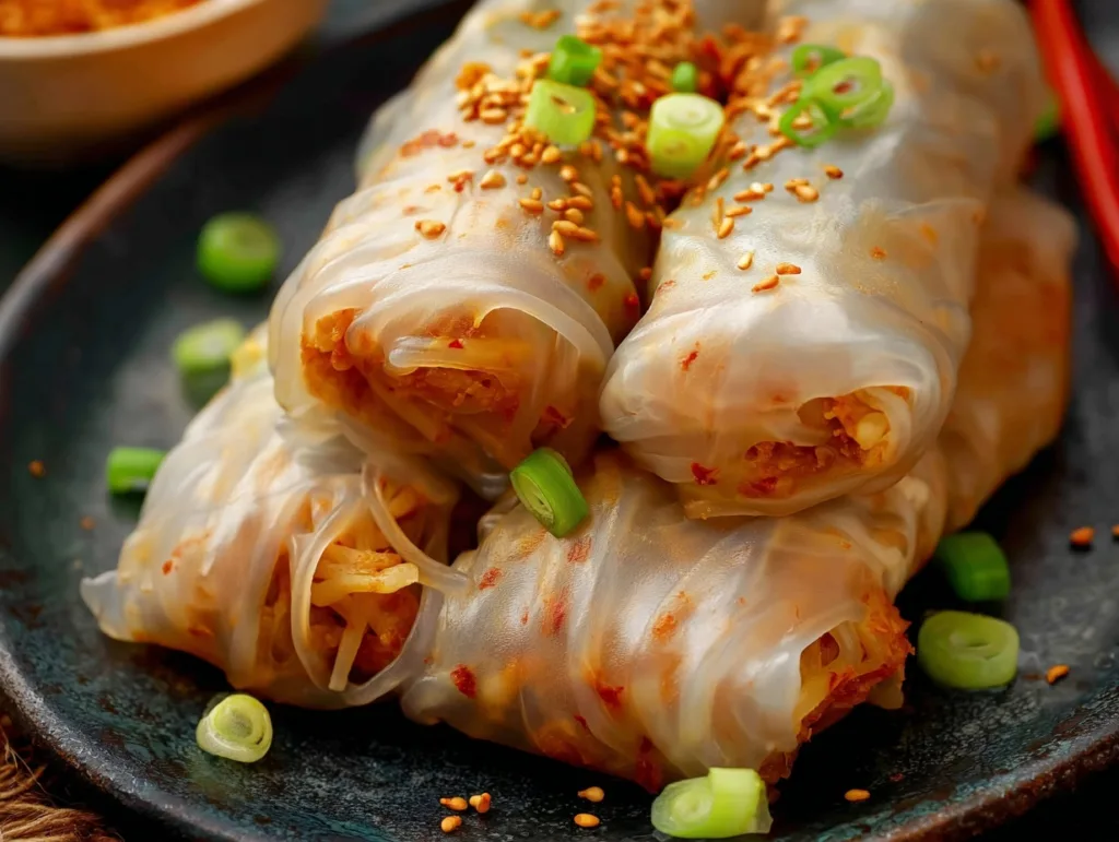 close-up of spicy noodle rice paper rolls with sesame and green onions