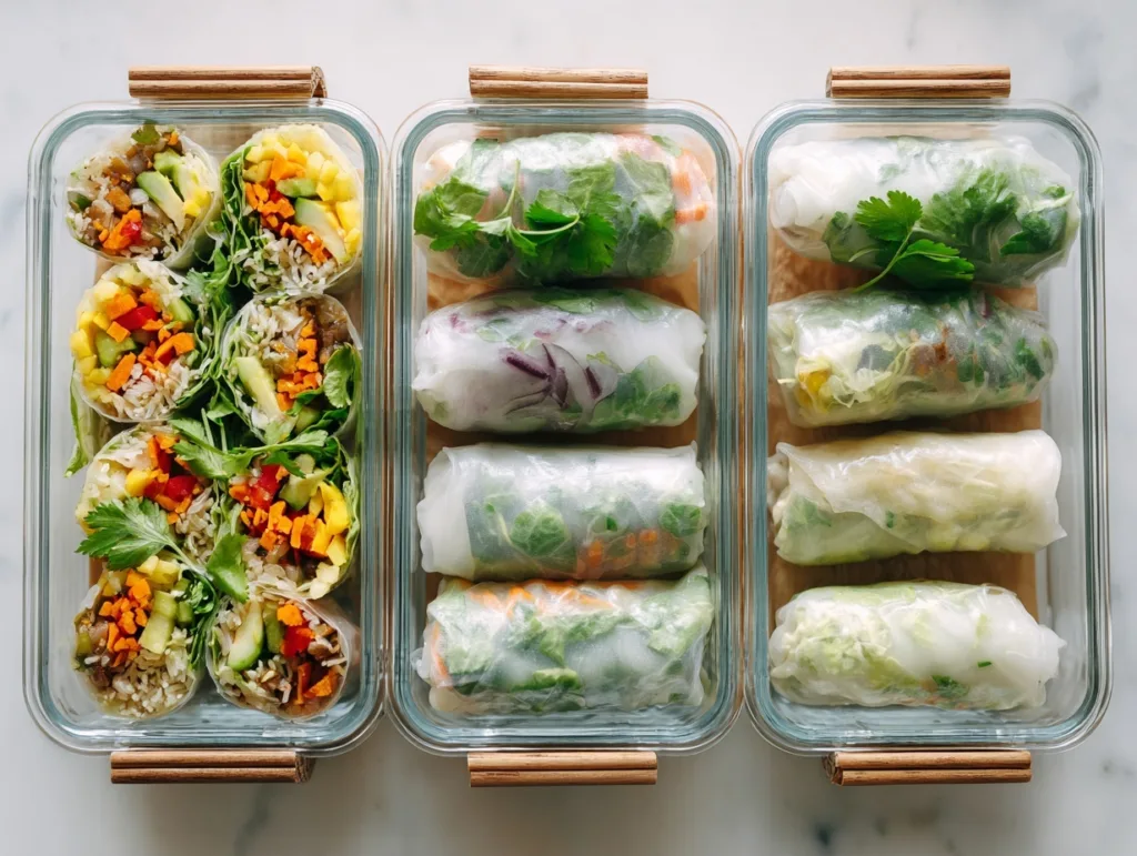 5-Minute Vegetarian Rice Paper Rolls with Vermicelli Noodles 9 vegetarian rice paper rolls with vermicelli noodles in glass meal prep containers