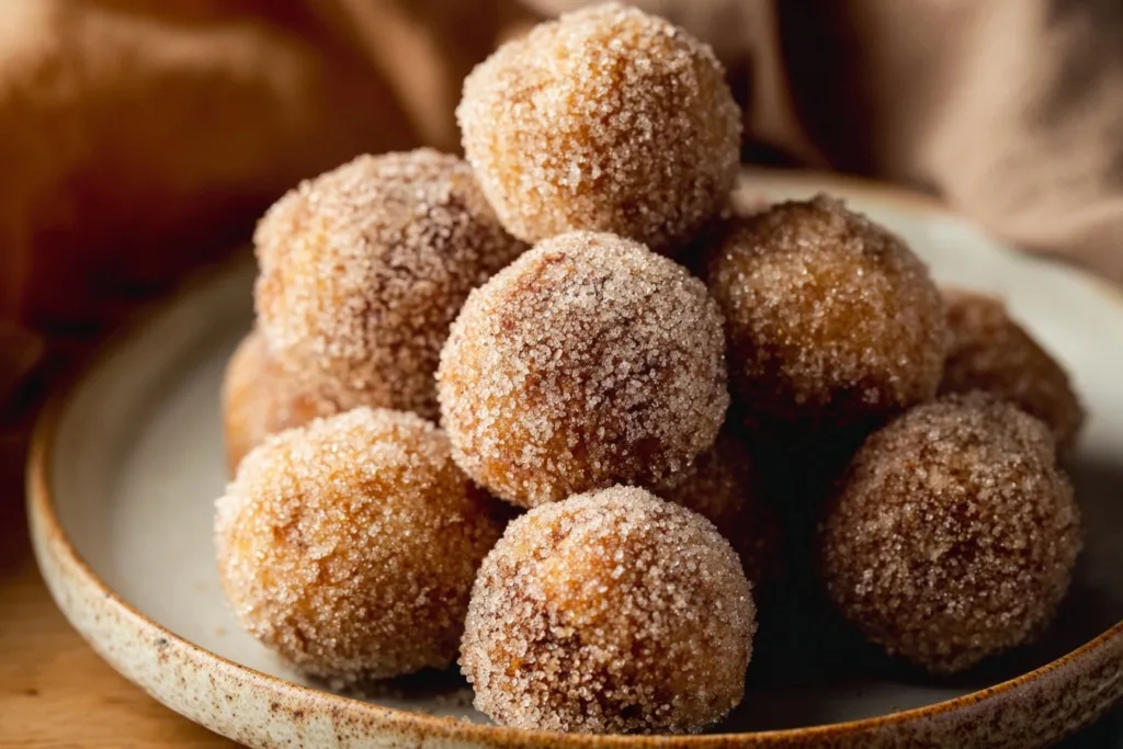 Close-up of golden protein donut holes air fryer coated in cinnamon sugar