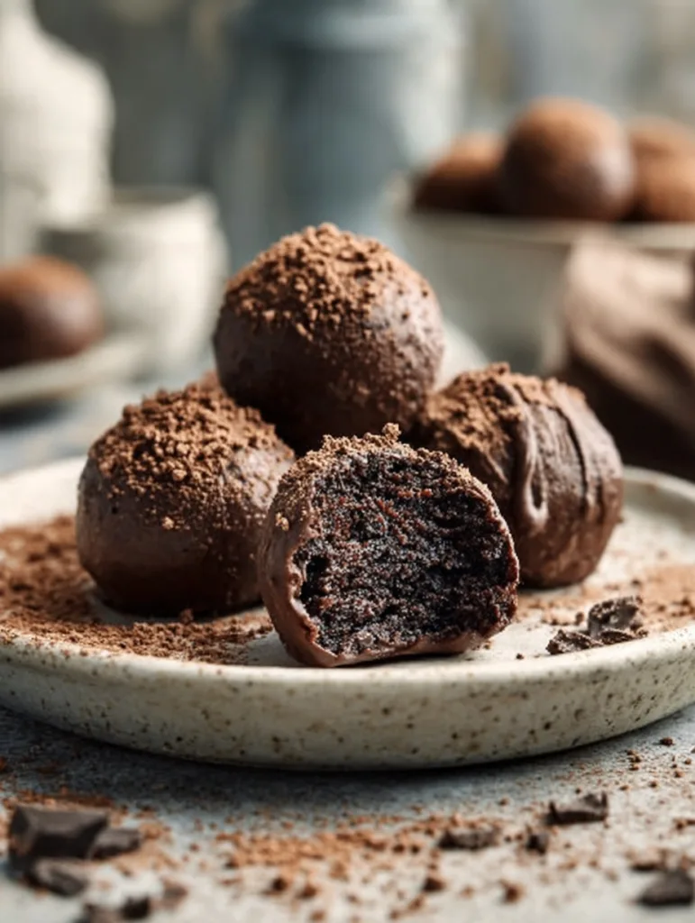 High-Protein Brownie Balls — No-Bake, Low Sugar 6 close-up of high-protein brownie balls with one bitten, showing rich fudgy center