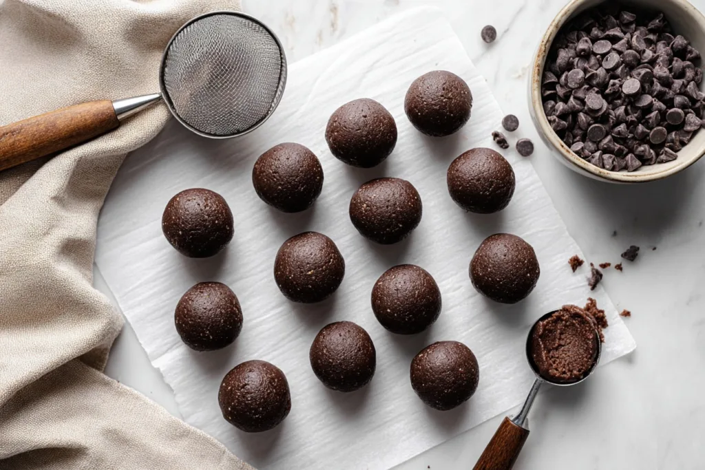 Salted Chocolate Protein Balls Recipe 11 Rolled salted chocolate protein balls on parchment paper