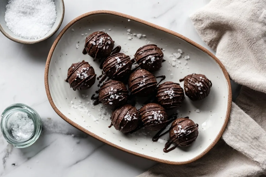 Salted Chocolate Protein Balls Recipe 13 Salted chocolate protein balls arranged on ceramic plate