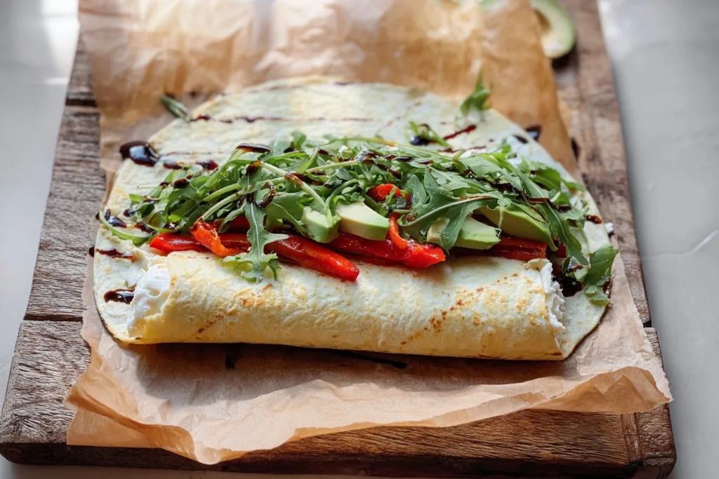Open cottage cheese wrap with arugula, avocado, and roasted red peppers
