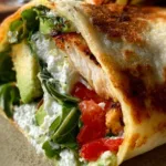 Close-up of half-eaten high-protein cottage cheese wrap with avocado and greens