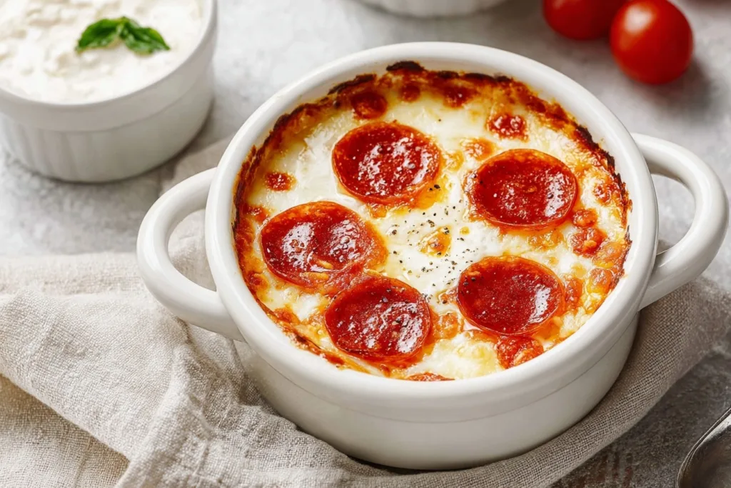2-Ingredient Cottage Cheese Pizza Bowl (High-Protein, 5-Minute Lunch!) 9 cottage cheese pizza bowl with melted cheese and pepperoni in a white ramekin