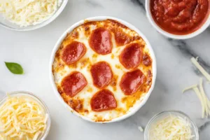 2-Ingredient Cottage Cheese Pizza Bowl (High-Protein, 5-Minute Lunch!) 12 cottage cheese pizza bowl topped with melted mozzarella and sliced pepperon