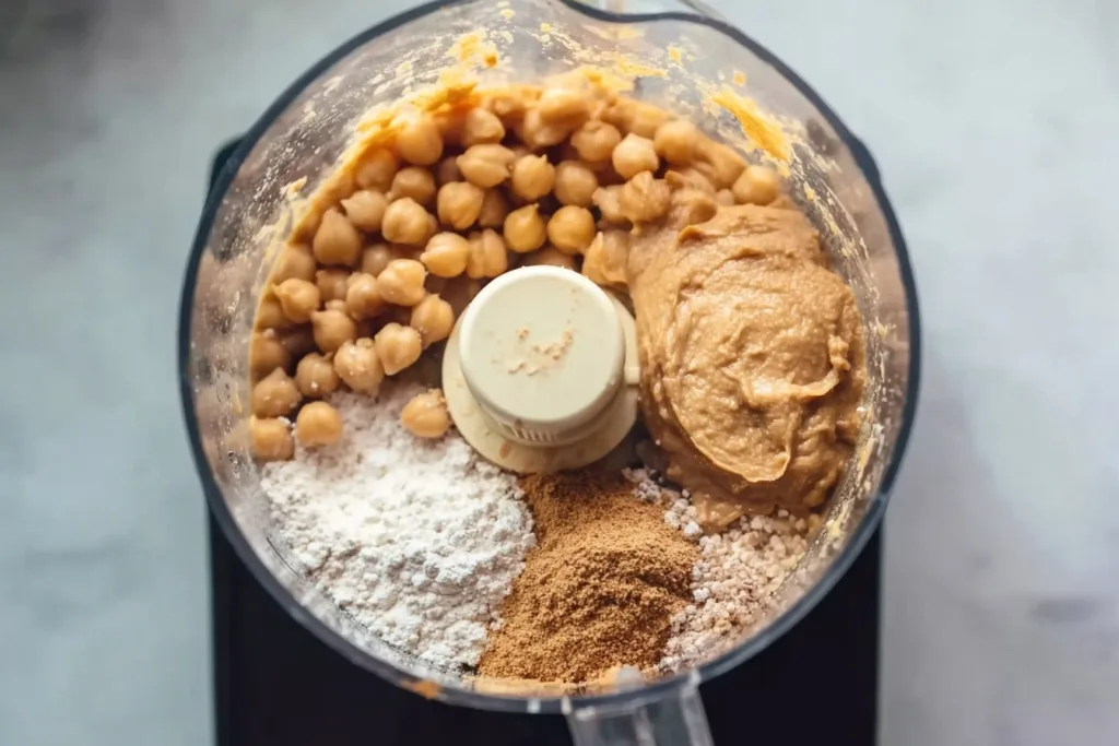 Flourless Garbanzo Bean Chocolate Chip Cookies (High-Protein & Guilt-Free!) 10 ingredients for garbanzo bean cookie dough in a food processor before blending