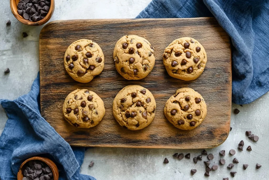 Flourless Garbanzo Bean Chocolate Chip Cookies (High-Protein & Guilt-Free!) 14 six garbanzo bean chocolate chip cookies on a wooden board with chocolate chips around