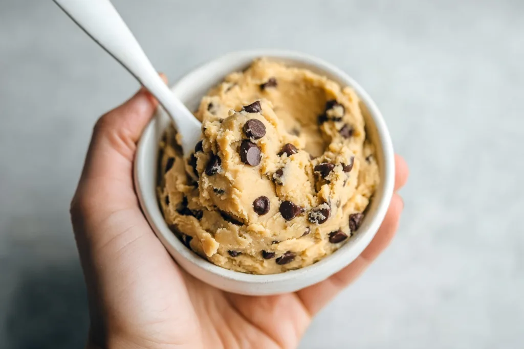 2-Ingredient Almond Chickpea Cookie Dough (High-Protein & No Bake) 9 hand holding bowl of almond chickpea cookie dough with chocolate chips