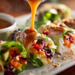 close-up of spicy noodle rice paper rolls with peanut sauce drizzle