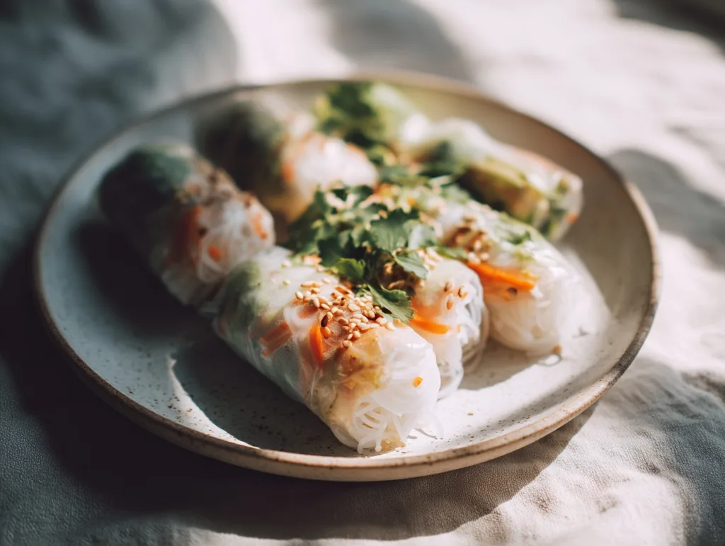 5-Minute Vegetarian Rice Paper Rolls with Vermicelli Noodles 8 vegetarian rice paper rolls with vermicelli noodles topped with sesame seeds and cilantro