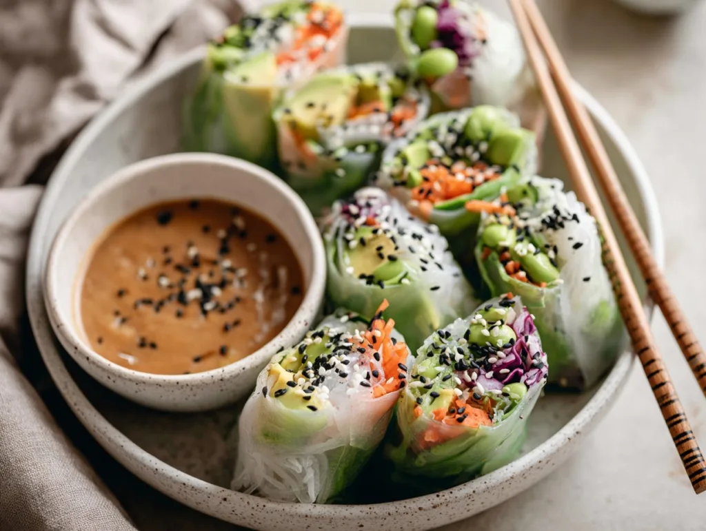 5-Minute Vegetarian Rice Paper Rolls with Vermicelli Noodles 7 vegetarian rice paper rolls with vermicelli noodles and peanut sauce topped with sesame seeds