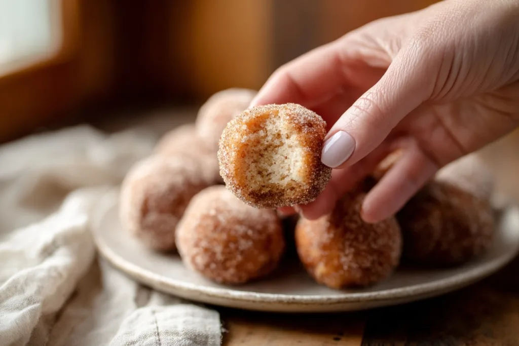 Hand holding bitten protein donut hole air fryer showing soft fluffy center