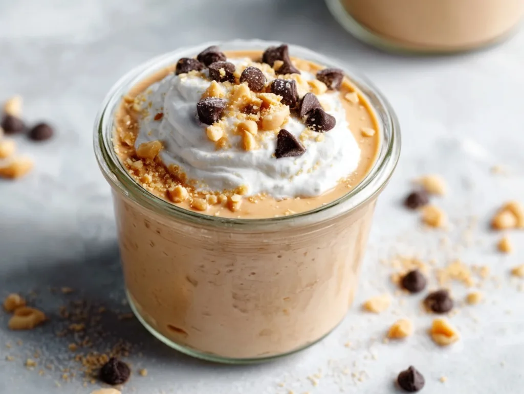 peanut butter cup protein pudding in a glass jar with whipped cream, peanuts, and chocolate chips