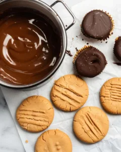 4-Ingredient Chocolate Peanut Butter No Bake Cookies (High-Protein & Ready in 5 Minutes) 15 Peanut butter cookies being dipped into melted dark chocolate on parchment paper