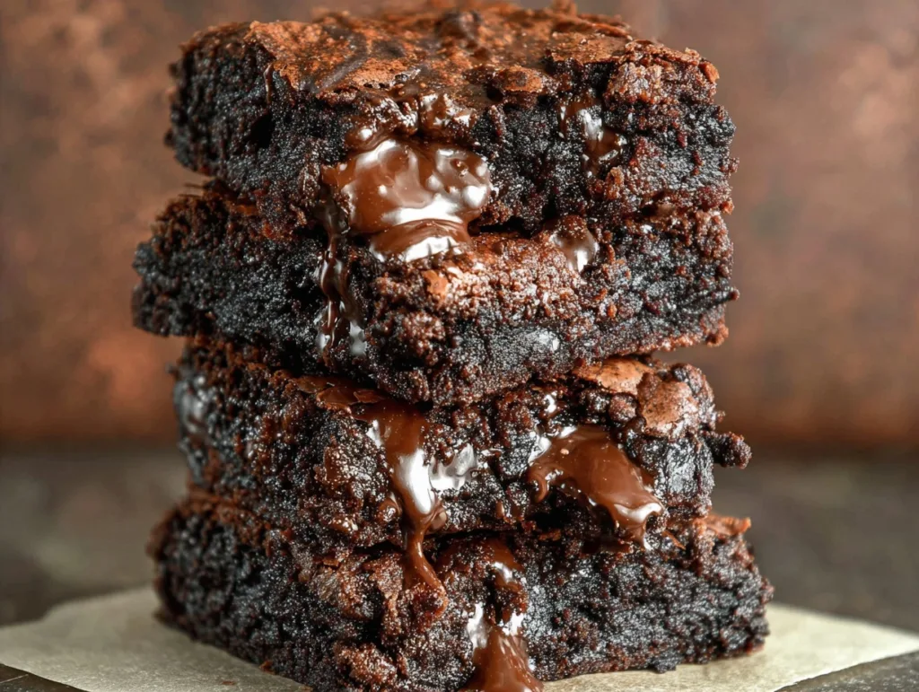 Stack of thick Greek yogurt brownies with melted chocolate layers