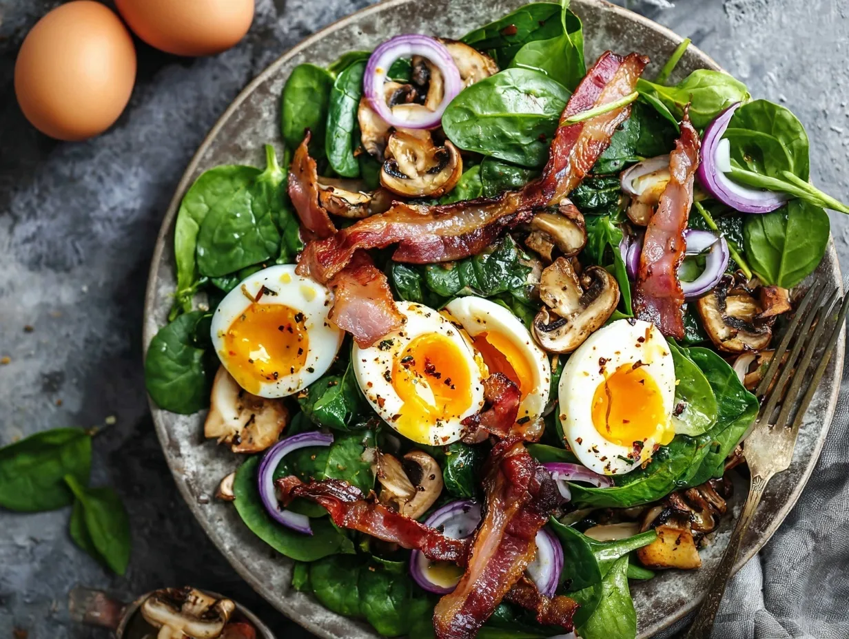Warm bacon spinach salad with eggs and mushrooms