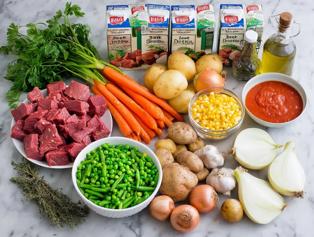 Hearty 30-Minute Vegetable Beef Soup 14 Fresh ingredients for homemade vegetable beef soup arranged on a marble surface