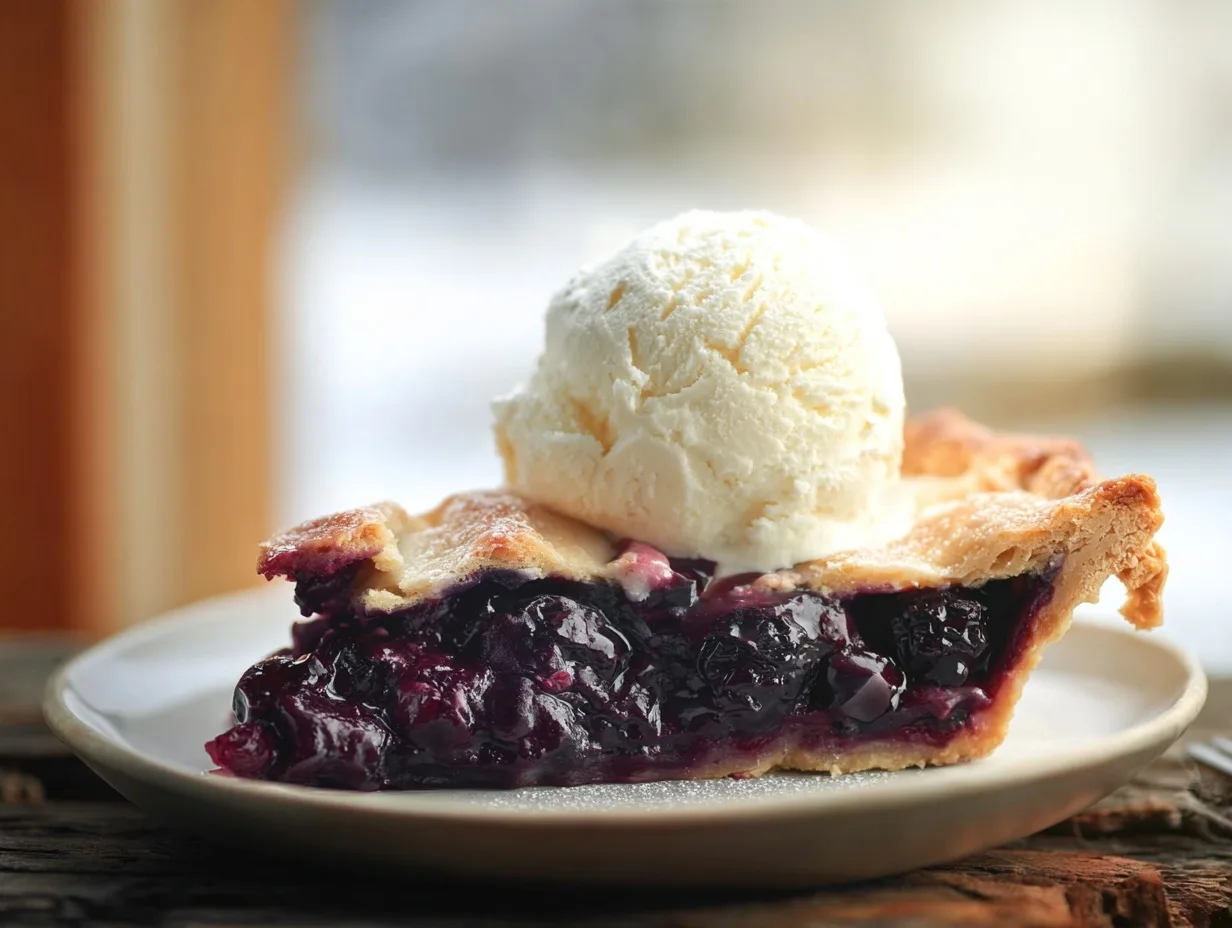 5-Ingredient Keto Blueberry Pie (Crispy Crust, Gooey Center!) 5 Slice of keto blueberry pie with vanilla ice cream on a rustic plate