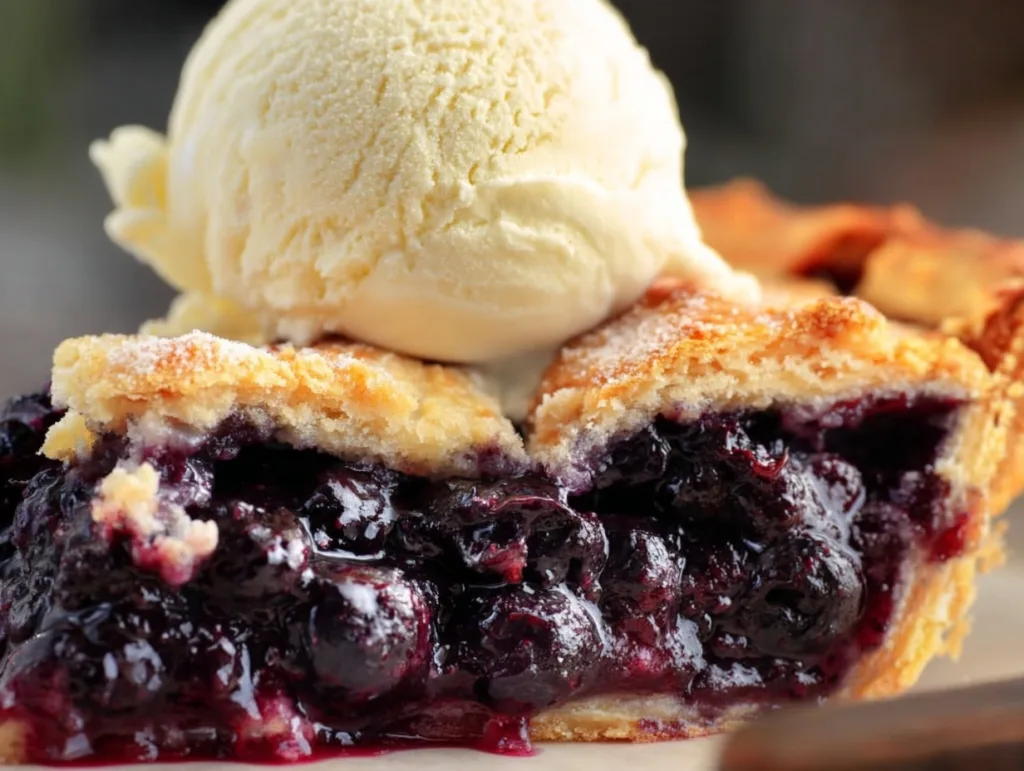 5-Ingredient Keto Blueberry Pie (Crispy Crust, Gooey Center!) 7 Close-up of keto blueberry pie with vanilla bean ice cream
