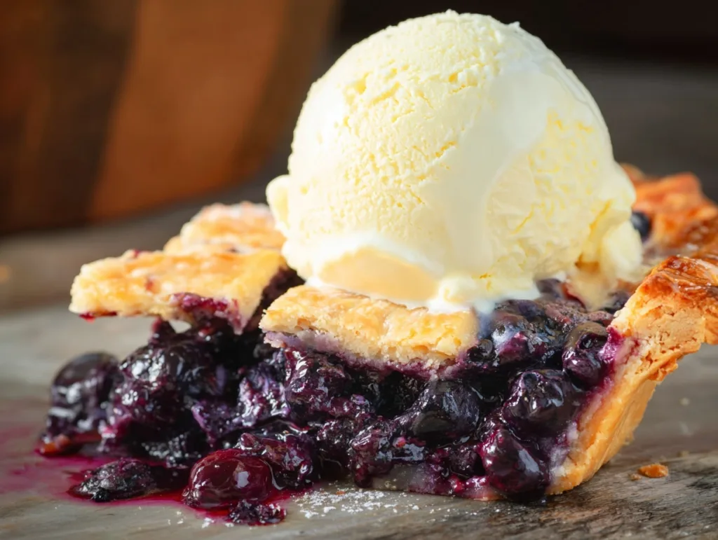 5-Ingredient Keto Blueberry Pie (Crispy Crust, Gooey Center!) 8 Keto blueberry pie slice topped with vanilla ice cream on white plate