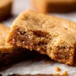 Chewy peanut butter cookie bar with bite taken out