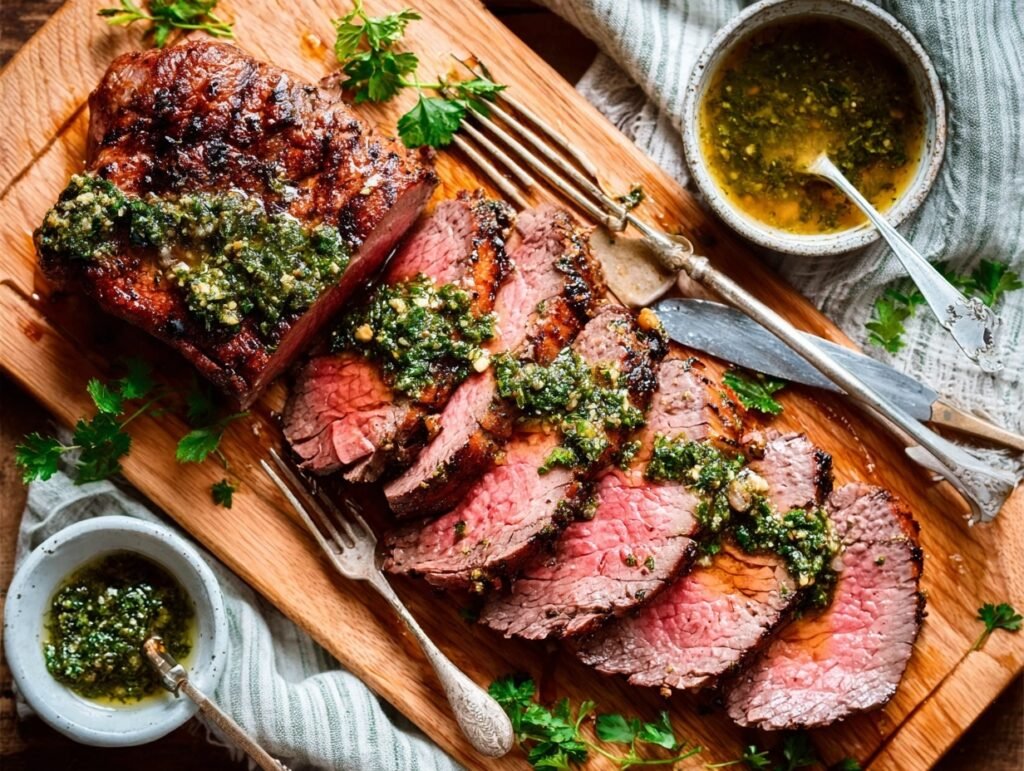 5-Ingredient Air Fryer Tri Tip – Juicy, Simple & Protein-Packed! 6 Juicy air fryer tri tip with chimichurri on wooden board