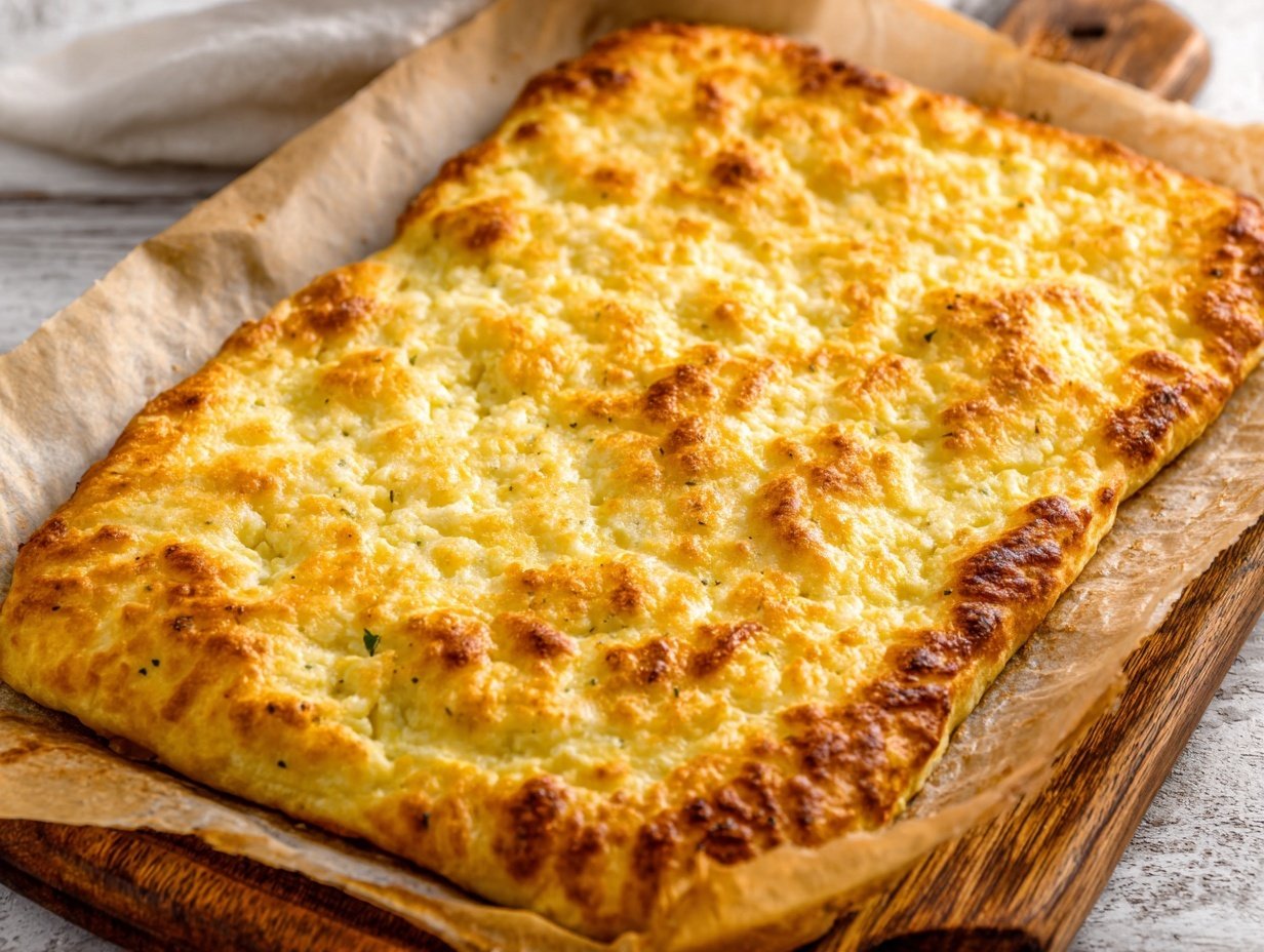 2-Ingredient Cottage Cheese Flatbread (Microwave Recipe in 5 Minutes) 5 golden cottage cheese flatbread fresh from oven on wooden board