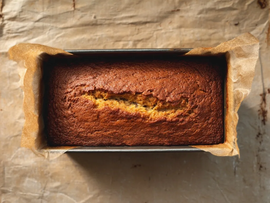 Moist Protein Banana Bread (No Blender, 1 Bowl Recipe!) 7 Freshly baked protein banana bread loaf in pan on parchment