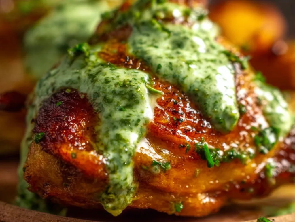Close-up of roasted Peruvian chicken topped with green aji verde sauce