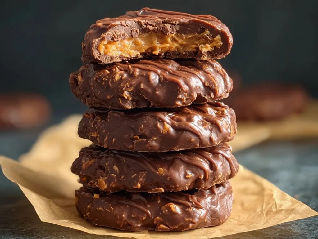 4-Ingredient Chocolate Peanut Butter No Bake Cookies (High-Protein & Ready in 5 Minutes) 11 Stack of chocolate peanut butter no bake cookies drizzled with peanut butter glaze