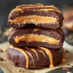 4-Ingredient Chocolate Peanut Butter No Bake Cookies (High-Protein & Ready in 5 Minutes) 12 Stack of chocolate peanut butter no bake cookies with creamy filling and drizzle